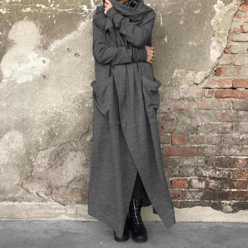 Женское однотонное длинное пальто ZANZEA модные с капюшоном кардиганы Vestidos Зима Осень повседневные толстовки с длинными рукавами нестандартные куртки - Цвет: Серый