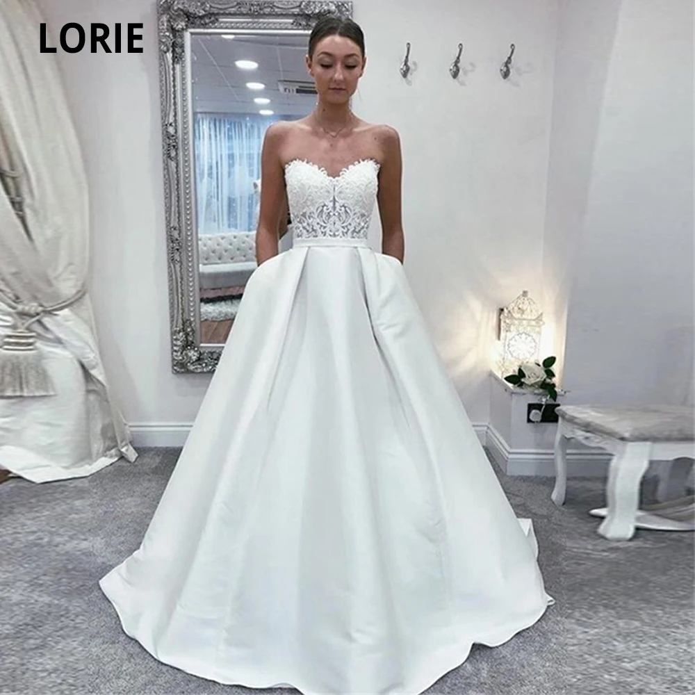 

LORIE Strapless Lace Satin Bridal Wedding Dresses Sleeveless Open Back White ivory Beach Wedding Gown Country with Pocket