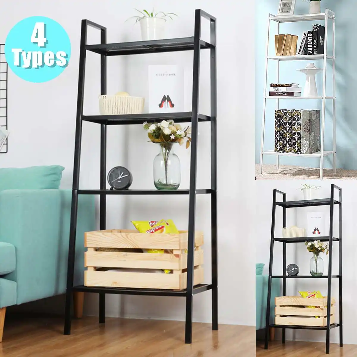 

4 Tiers Wall Leaning Ladder Shelf Bookcase Bookshelf Storage Rack Shelves Storage Stand Holder Organizer for Office Home Bedroom