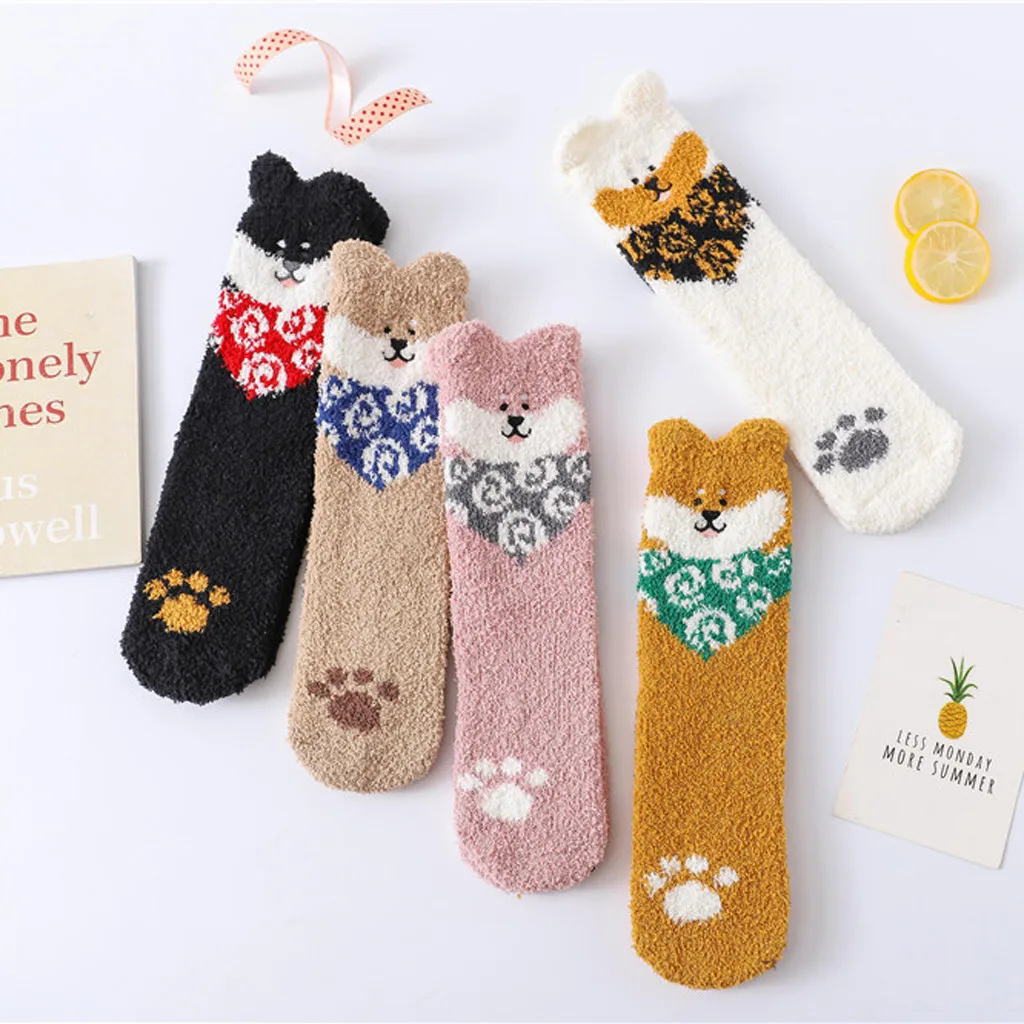 Winter Women Socks Cartoon Puppy Coral Fleece Floor Socks Lovely Thickening Cotton Middle Socks Keep Warm Socks Christmas Gifts