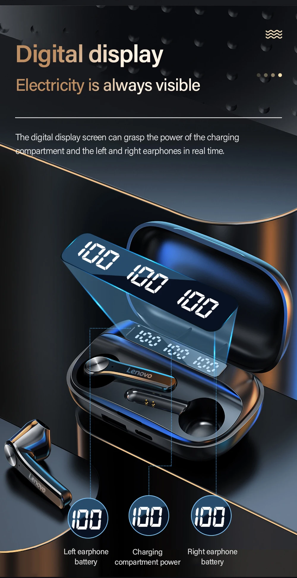 Lenovo QT81 TWS Bluetooth 5.0 Earphone with LED Power Display 5