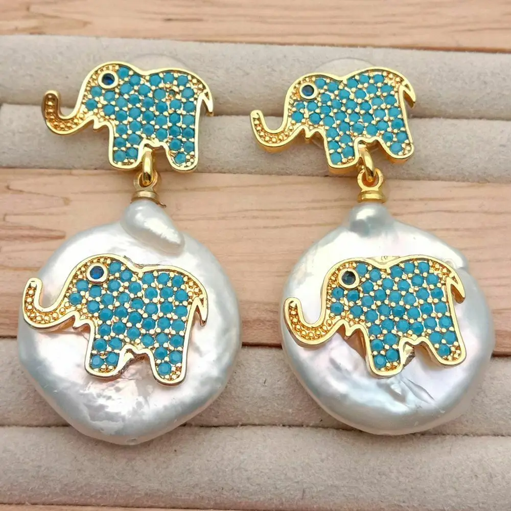 

Cultured White Coin Pearl Cz Elephant pave Earrings