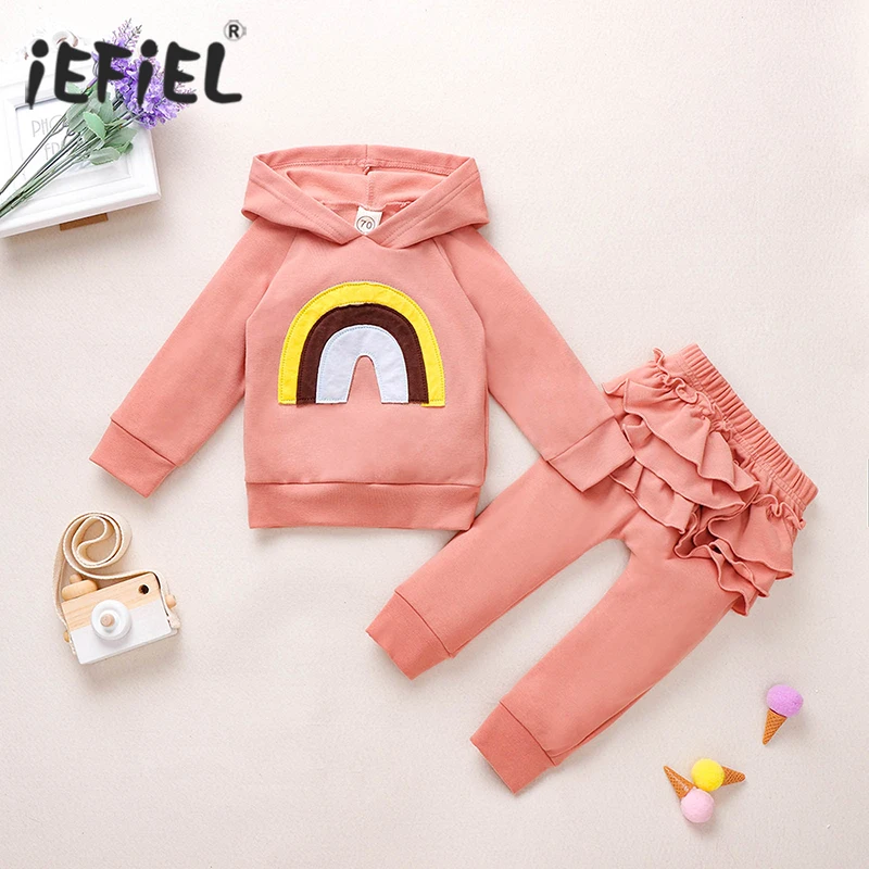 

0-3T Newborn Kids Baby Girl Clothes Rainbow Long Sleeve Hooded Sweatshirt Tops+Ruffle Leggings Pants Warm 2PCS Sportwear Outfit