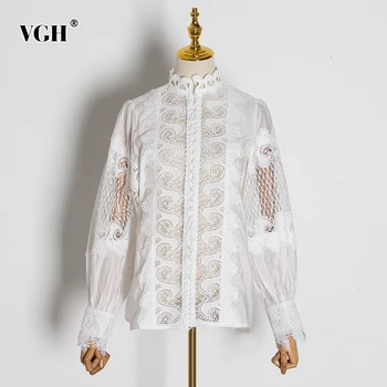 

VGH Elegant Patchwork Lace Hollow Out Shirts For Female Turtleneck Flare Long Sleeve Women's Blouses 2020 Fashion Clothing Tide