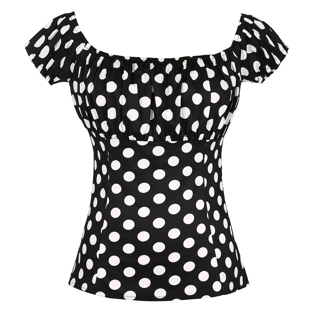 Tops Retro Vintage de los 50 para mujer, blusas negras lunares de manga corta con estampado de algodón con cuello de barco y Pin Up, blusas cortas para mujer 2021