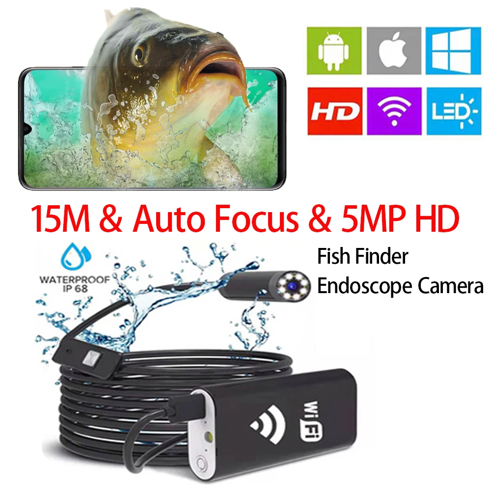 15M Mini Camera for Winter Fishing 14mm Iphone Smartphone Fish Finder 5MP Industrial Endoscope Fisherman Underwater Video | Безопасность