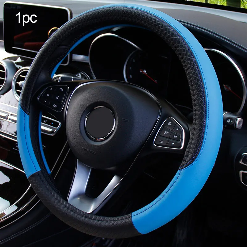 Высококачественная крышка рулевого колеса автомобиля Нескользящая кожаная автоматическая крышка рулевого колеса противоскользящая универсальная тиснение авто аксессуары - Название цвета: Steering Wheel Blue