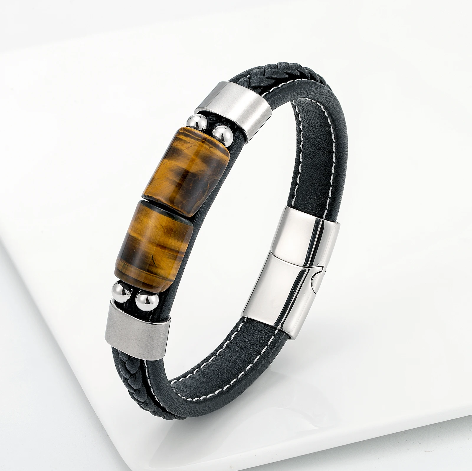 New Lucky Board Retro Jewelry Natural Tiger Eye Stone Men's Stainless Steel Bracelet Charm Classic Black Leather Rope Bracelet