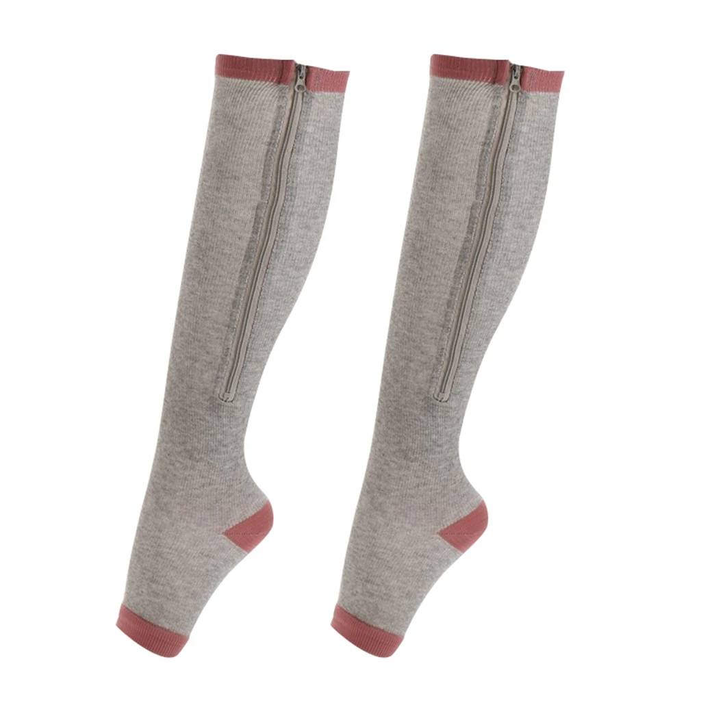 Compression Zip Up Socks Open-Toe Zipper Leg Support Knee Stocking Gray