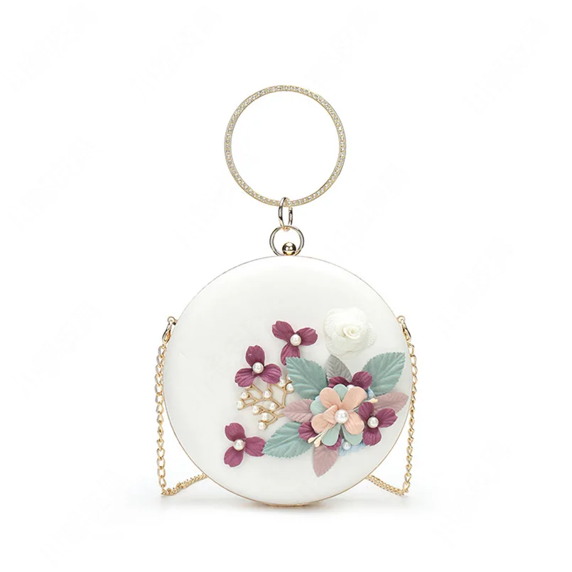 

Ougger Small Fashionable Evening Bags Women's Shoulder Bags White PU Popular Unusual Circular Bag with Flowers Pearl Chains