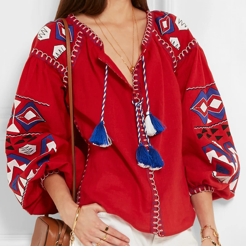 Boho chic Женская богемная пляжная Цветочная вышивка льняная хлопковая блузка рубашка с расклешенными рукавами свободные рубашки blusa