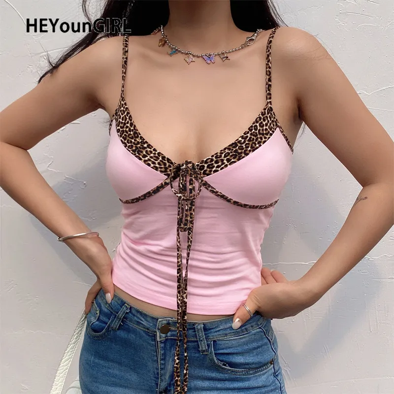HEYounGIRL Patchwork Leopard Sleeveless Spaghetti Strap Top Summer Tie Up Pink Sweat Cute Crop Tops Tees Women Fashion Cami | Женская