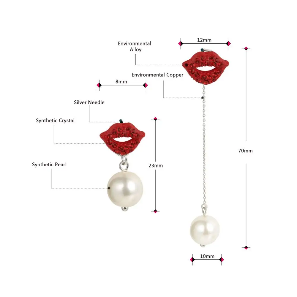 Neoglory, ассиметричные свисающие серьги с красными губами и белыми шариками для женщин,, высокое качество, подарок для девушки