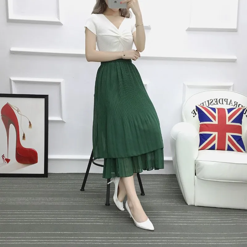 Хан издание эластичный пояс agaric falbala двойная шифоновая юбка плиссированная юбка Джокер бюст юбка