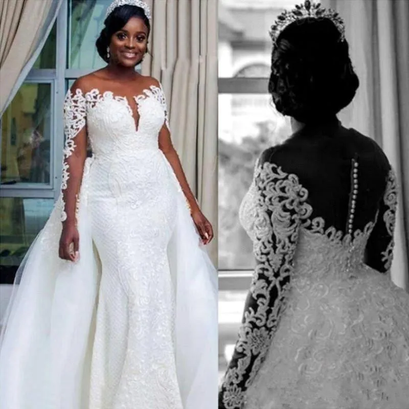 Пышные свадебные платья съемные Южно-Afrian Русалка Прозрачная Кружевная Апликация с длинными рукавами Свадебные платья большого размера