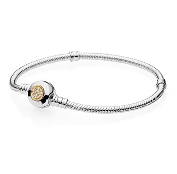 

KC New s925 silver color classic Zircon Round buckle gold silver bracelet Fit original pandora bead charm Women Bracelet Jewelry