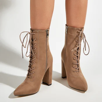 

Cross Strap Mid-calf Boots Women Sexy High Heels Shoes Autumn Winter Pointed Toe Zip Half Boot Big Size 35-42 Zapatos De Mujer