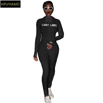 

HPUYIAMO Autumn Knitted Lucky Label Embroidery Jumpsuit Women Zipper Skinny Rompers Moto Biker Long Sleeve Bodycon Overalls