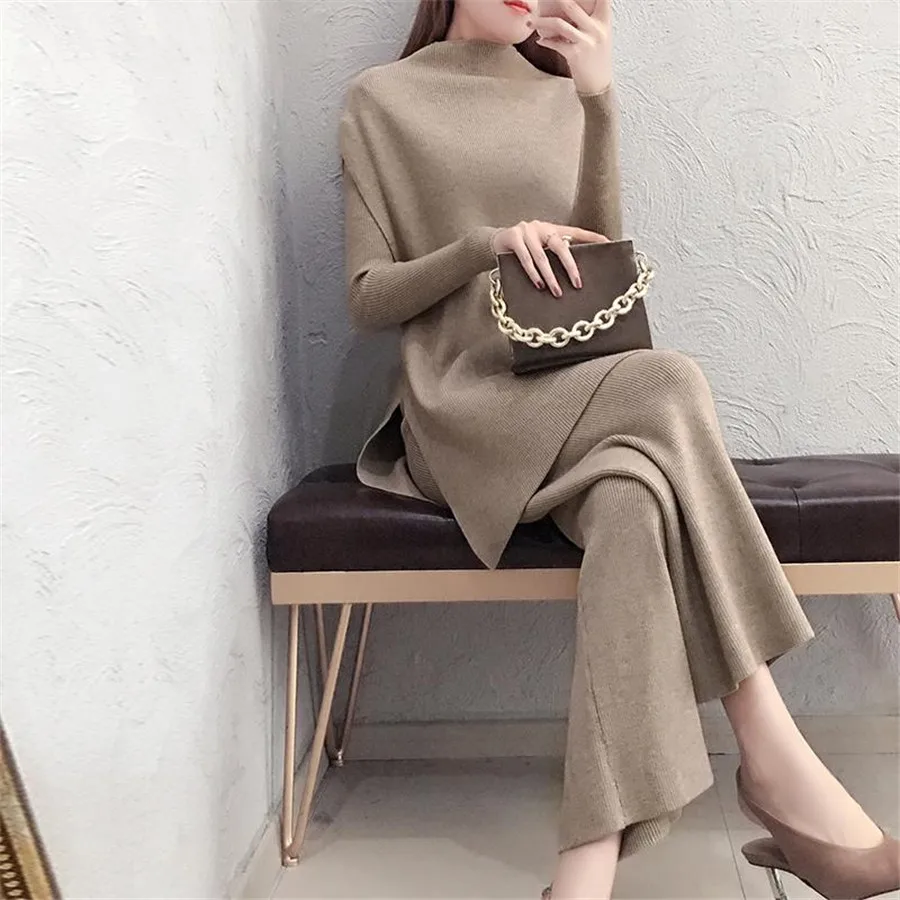 

Knitting Female Sweater Pantsuit For Women Two Piece Set Knitted Pullover Long SleeveTop Wide Leg Pants Suit