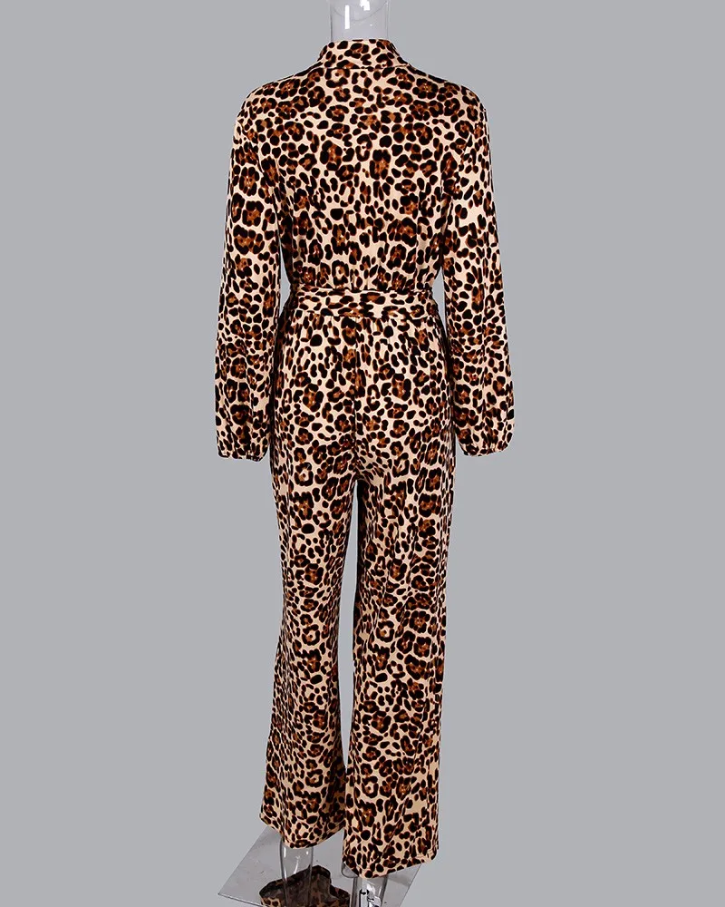 Леопардовый комбинезон с длинными рукавами и завязками на талии; женские комбинезоны; модные цельные комбинезоны; повседневные Комбинезоны; уличная одежда; Прямая поставка