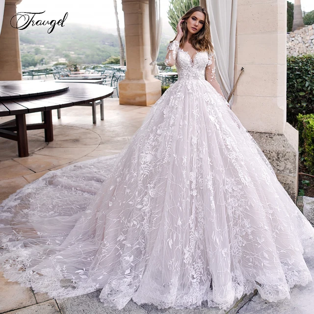 Customized Scoop A Line Lace Wedding Dresses Elegant Applique Long Sleeve Bride Dress Cathedral Train Bridal Gown Plus Size 1