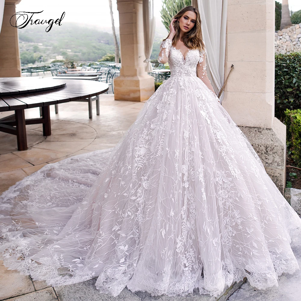 Traugel Scoop A Line Lace Wedding Dresses Elegant Applique Long Sleeve Button Bride Dress Cathedral Train Bridal Gown Plus Size