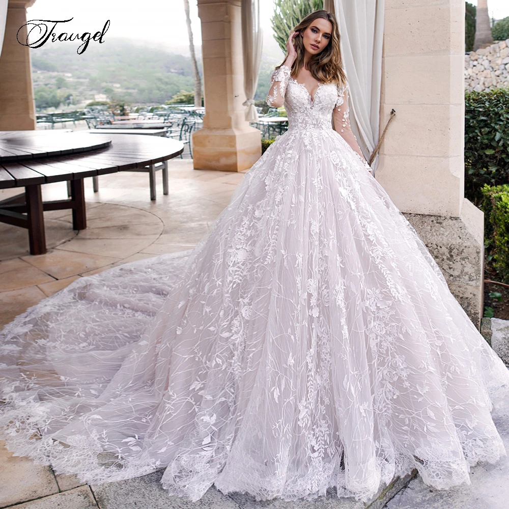 a line wedding dress with cathedral train