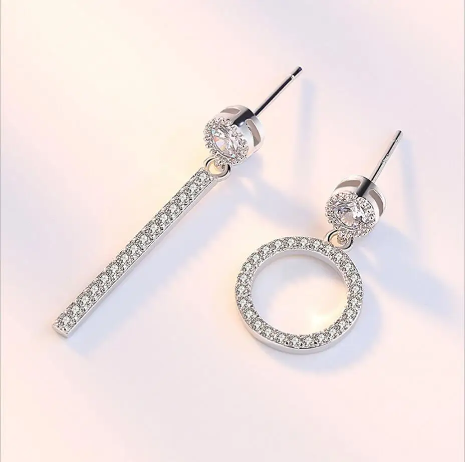 New Simple Fashion 925 Sterling Silver Round Line Asymmetrical Full Zirconia Crystal Tassel Drop Earrings S-E206