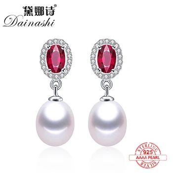 

Clearance Sale ! Red Crystal High Luster Natural Freshwater Pearl Drop Earrings For Women Fashion 925 Silver Jewelry With Box