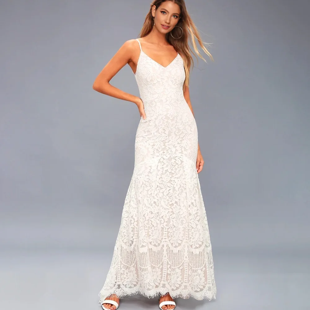 Lovely Bohemian Long Wedding Dress 2020 Sexy BOHO Wedding Gowns V-neck Straps Lace Backless Chic Beach Bride Dresses Party