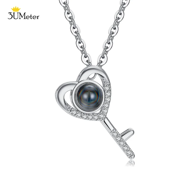 Silver 3UMeter ожерелье с сердечком для женщин 100 языков I Love you Проецирование кулон ожерелье воспоминания о романтической любви свадебное ожерелье - Окраска металла: Silver