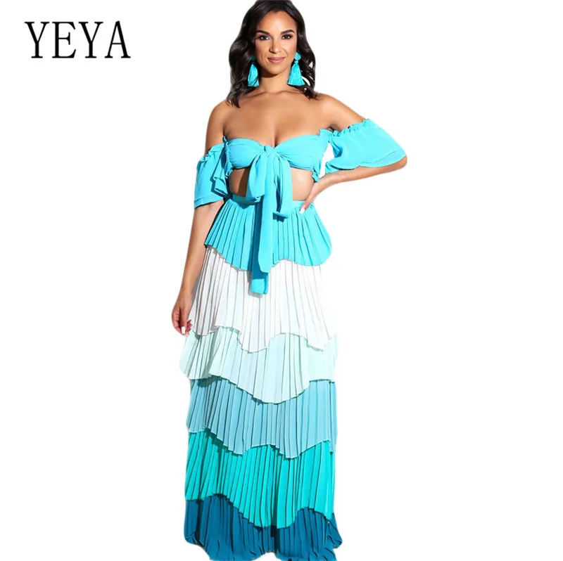 

YEYA Off Shoulder Strapless Sexy Top and Multi-color Cake Skirt Two Pieces Sets Hollow Out Elegant Chiffon Loose Summer Dress