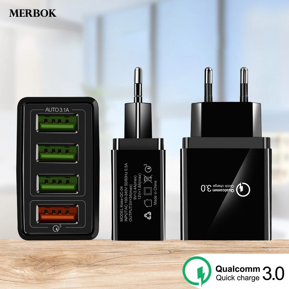 

QC 3.0A Quick Charger 4 USB EU/US Wall Plug Travel Adapter For Huawei P30 Pro/Lite Y5 Y6 Y7 Y9 Magnetic Fast Charging Data Cable
