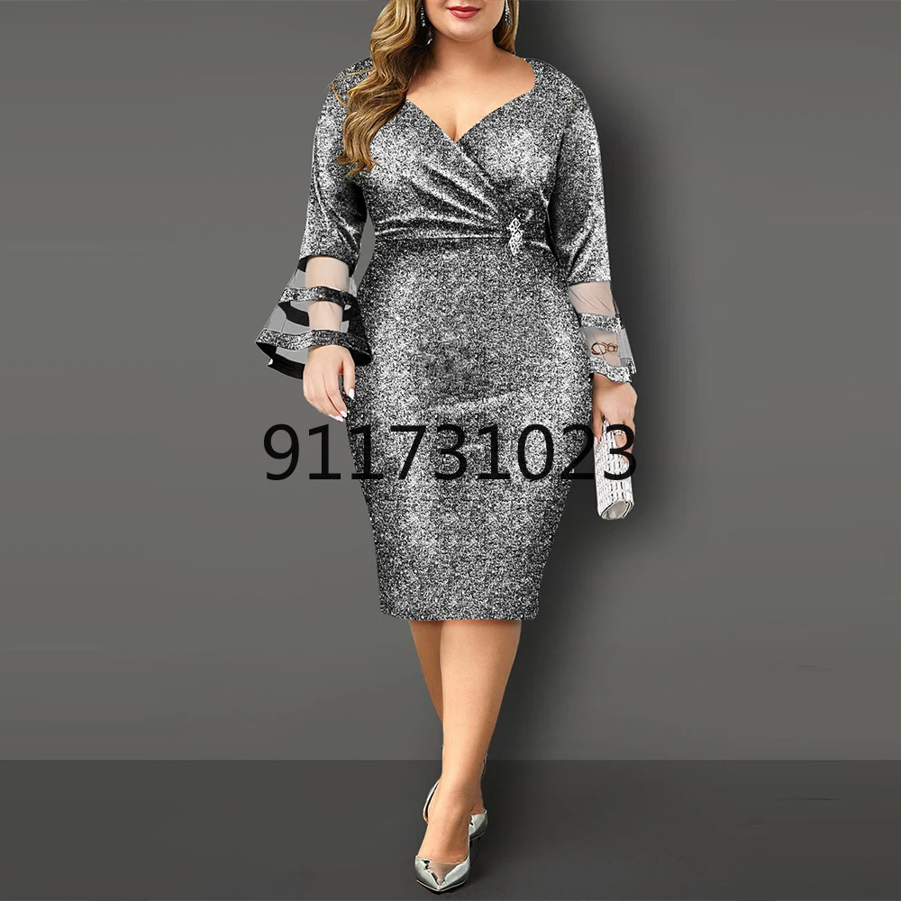 Summer Dress Women 2021 Elegant Sexy V Neck Bright Silk Mesh Evening Wedding Party Plus Size High Waist Bodycon Dresse 5XL | Тематическая
