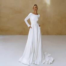 

Simple Civil Wedding Dress Long Sleeves Bridal Gown For Bride Pockets Floor Length Long Train A Line Plus Size Robe De Mariage