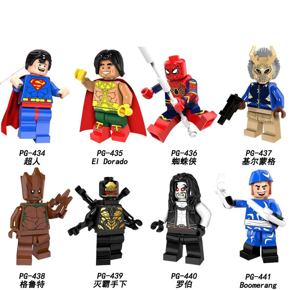 

PG8109 8PCS SetBuilding Blocks Super Heroes Spiderman Erik Killmonger Superman El Dorado Lobo Boomer Ang Figures Kids Toys