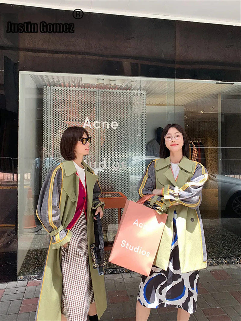 

Double Side Patchwork Wearing Contrast Color Windbreaker Double Breasted Casual Office Coat Professional Temperament Trench Coat