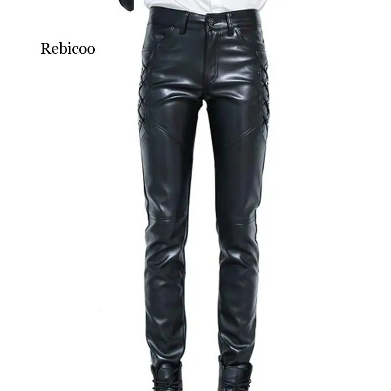 

New Mens Elastic Faux Leather Pants PU Motorcycle Ridding Black Slim Fit Dance Party Trousers Biker Leather Pants For Male