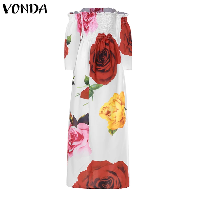 VONDA, летнее пляжное платье, богемное, женское, сексуальное, с открытыми плечами, цветочный принт, макси, длинное платье, праздничное, размера плюс, Vestidos 5XL