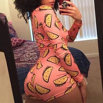 

Autumn Women's Print Skinny Sleepwear Onesies Deep V neck Long Sleeve Bodycon Romper Female 2020 Summer Fashion Sexy Nightwear