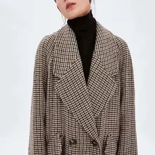 Abrigo largo de lana con doble botonadura para mujer, abrigo clásico de celosía para invierno