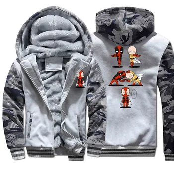 

One Punch Deadpool Coat Thick Hoody Funny Streetwear 2019 Cartoon Winter Raglan Men Sweatshirt Hip Hop Camouflage Warm Clothing