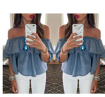 

Sell through Hot Selling Hot Selling Flounced Horizontal Neck Denim Top Blouse