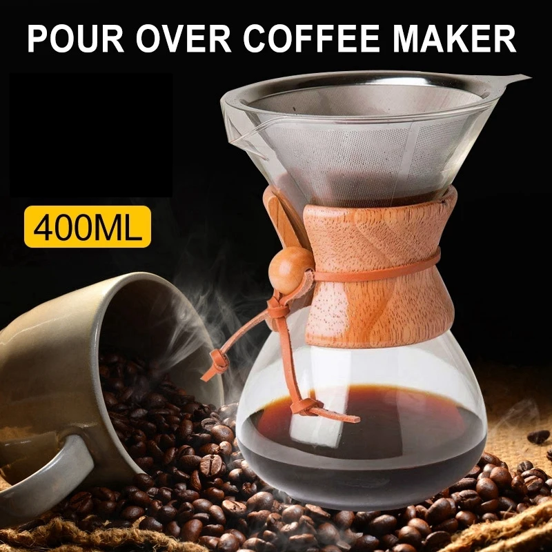 Koop 400ml Hittebestendige Glas Koffiezetapparaat Handleiding Koffie Pot Met Rvs Filter Pot Theekopjes Voor Familie kantoor