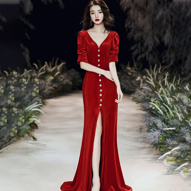 

Evening Dress Button V-Neck Floor-Length Half Sleeves Simple New Sexy Backless Mermaid Plus size Women Formal Party Gown C440
