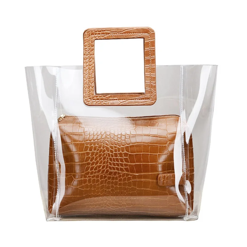 Women's Transparent Handbag PU Crocodile Pattern Messenger Bags Fashion Polychromatic Composite Square Handle | Багаж и сумки
