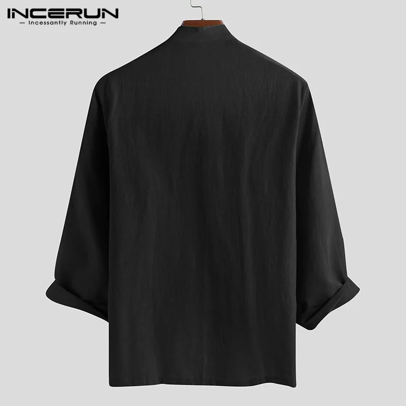 INCERUN Long Sleeve Men Casual Shirt Button Cotton Solid Stand Collar Retro Vintage Brand Shirts Men Camisa Masculina 5XL