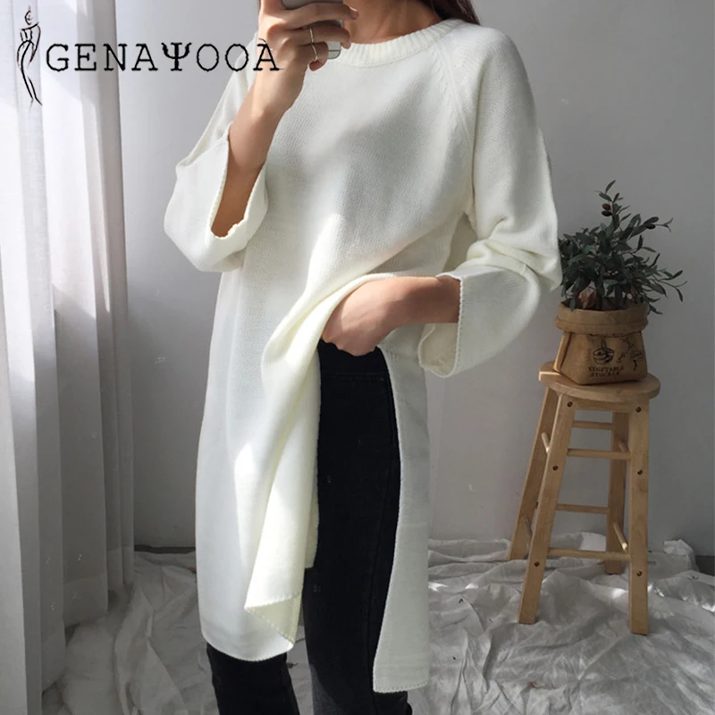 

Genayooa Solid Knit Sweater Women Loose Pullover Jumper Split Long Sleeve O Neck Winter Clothes Woman Casual Long Jumper Female