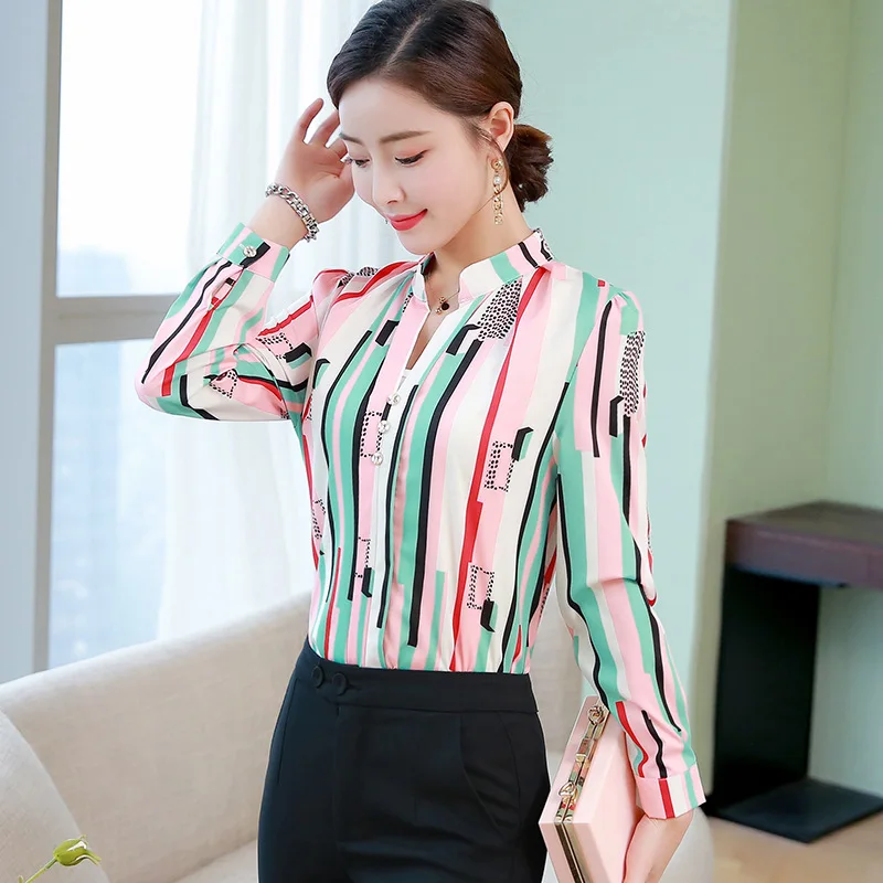 

New 2019 Spring Autumn Tops Women Work Blouse Casual Long Sleeve Slim Button Multicolor Striped Shirts Fashion Korean Style Top
