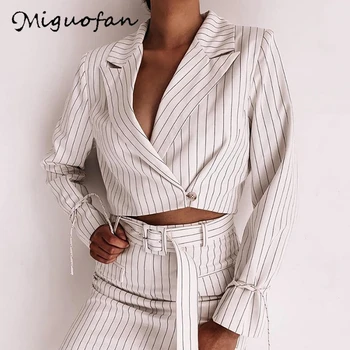 

Miguofan striped blazers women short blazer jacket coat autumn fashion long sleeves autumn outwear office lady blazers coat